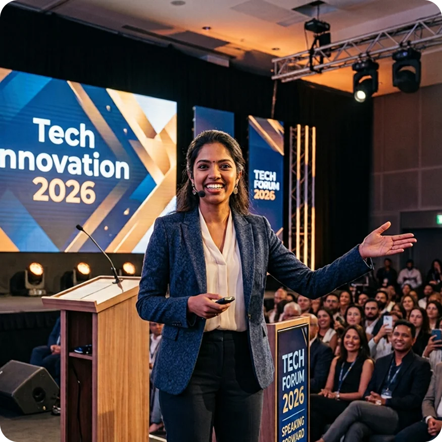 Confident leader and professional speaking at a tech conference